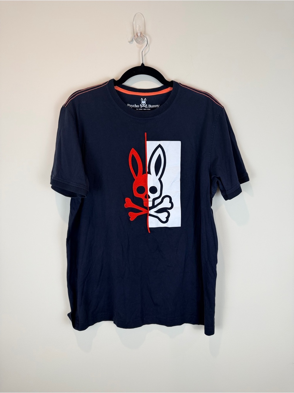 Psycho Bunny Black Short-Sleeve Tee with Red & White Split Logo Size 6 or Large
